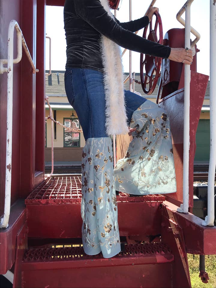 Luxury Women's Jeans Gorgeous Light Blue Sheer Sequin Fabric for wholesale by Wild Horse Clothier