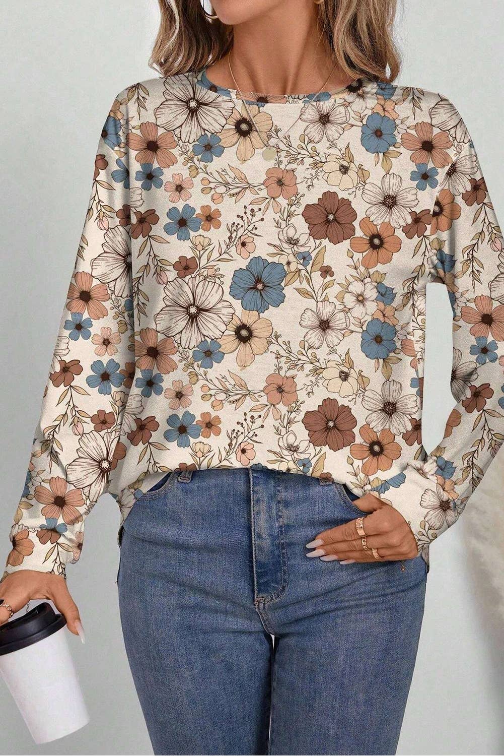 Khaki Floral Print Loose Crew Neck Long Sleeve T Shirt for wholesale on Faire1