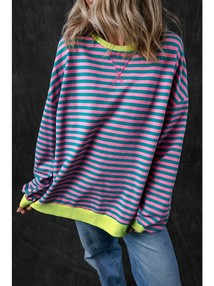 Amaryllis Apparel - Wholesale Sweatshirt - Women's - Stripe Oversized Contrast Trim Pullover Sweatshirt32