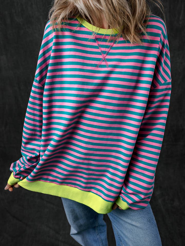 Lovesoft - Wholesale Sweatshirt - Women's - Stripe Oversized Contrast Trim Pullover Sweatshirt