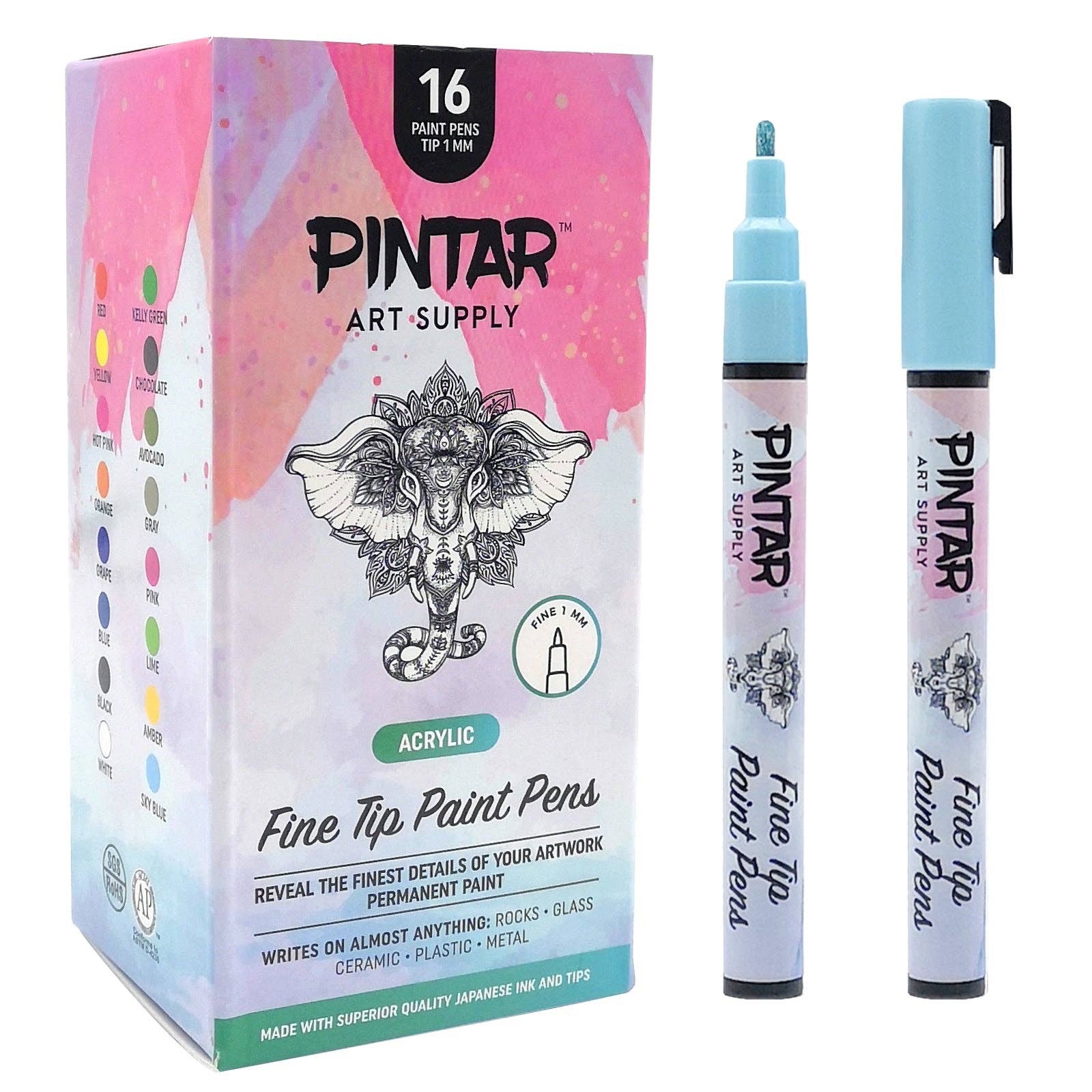 Pintar Art Supply – Großhandel Marker – PINTAR Premium Acryl-Malstifte – 1 mm feine Spitze für Stein-, Keramik-, Glas-, Holz-, Papier-, Stoff- & Porzellanmalerei, wasserfester Farbstift, Bastelbedarf, DIY-Set (16 Farben)6