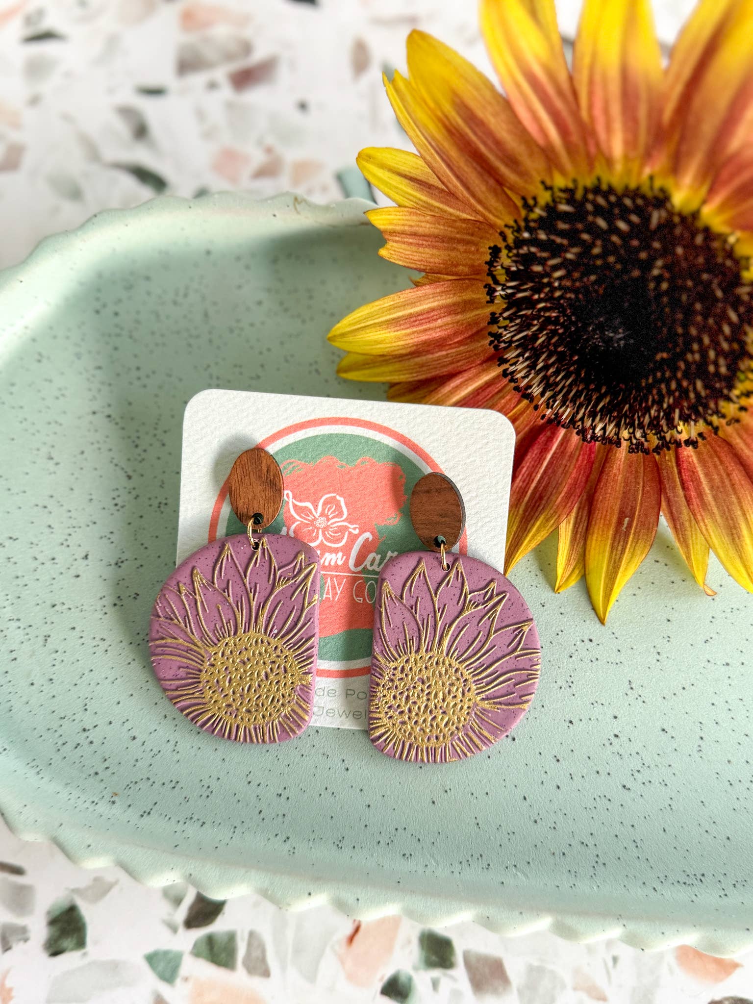 Anam Cara Clay Goods - Wholesale Dangle Earrings - Half Circle Sunflower Drops Polymer Clay EarringS8