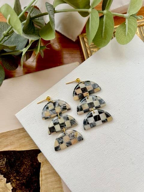 3 Tiered Onyx Checkered Polymer Clay Earrings for wholesale by Frida Smallo Designs
