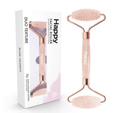 HAPPY DUO TEXTURE FACIAL ROLLER ~ ROSE QUARTZ for wholesale by Happy Natural Products