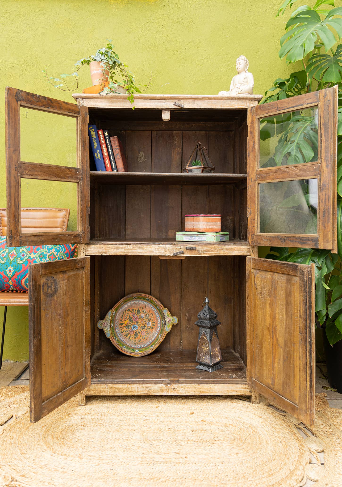 Namaste – wholesale Cabinet – Vintage Wood & Glass 3 Door, 1 Shelf Cabinet2