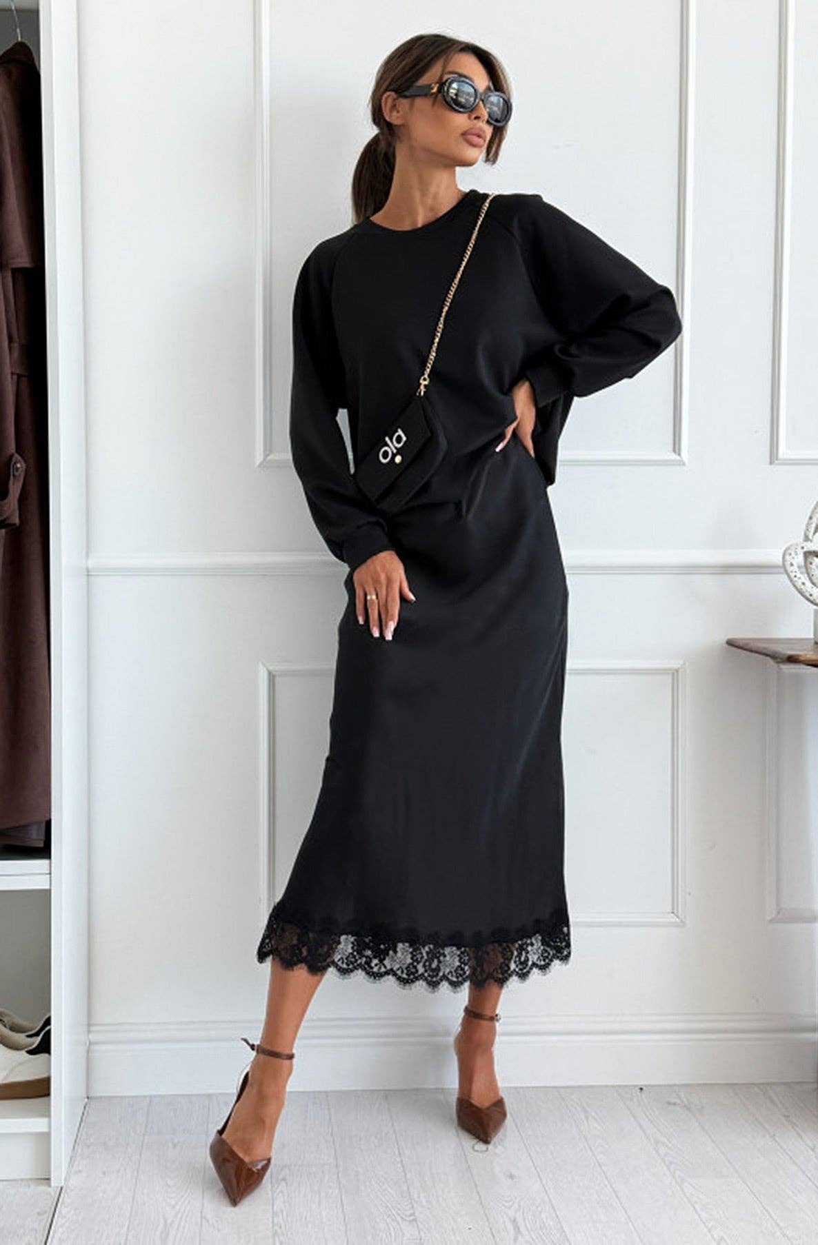 Black Zabrina Satin Lace Trim Midi Skirt-Black for wholesale on Faire2