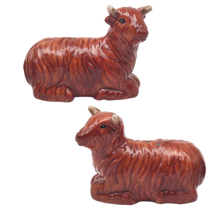 Highland Cow design ceramic Salt & Pepper cruet set by Lesser & Pavey, boxed for wholesale by Animal Crackers