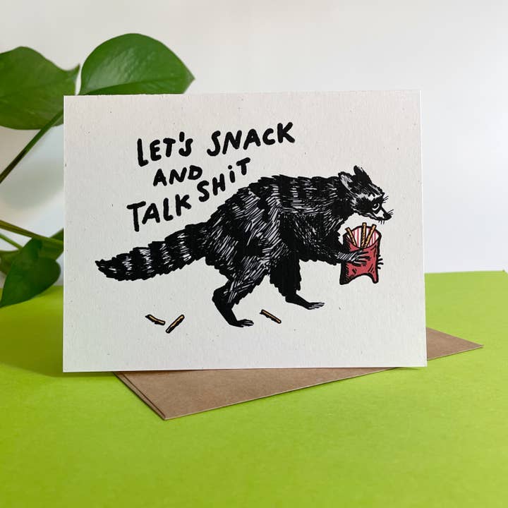 Kendra Lee Miller Art - Wholesale Everyday Greeting Card - Let’s Snack and Talk Shit Raccoon Greeting Card1