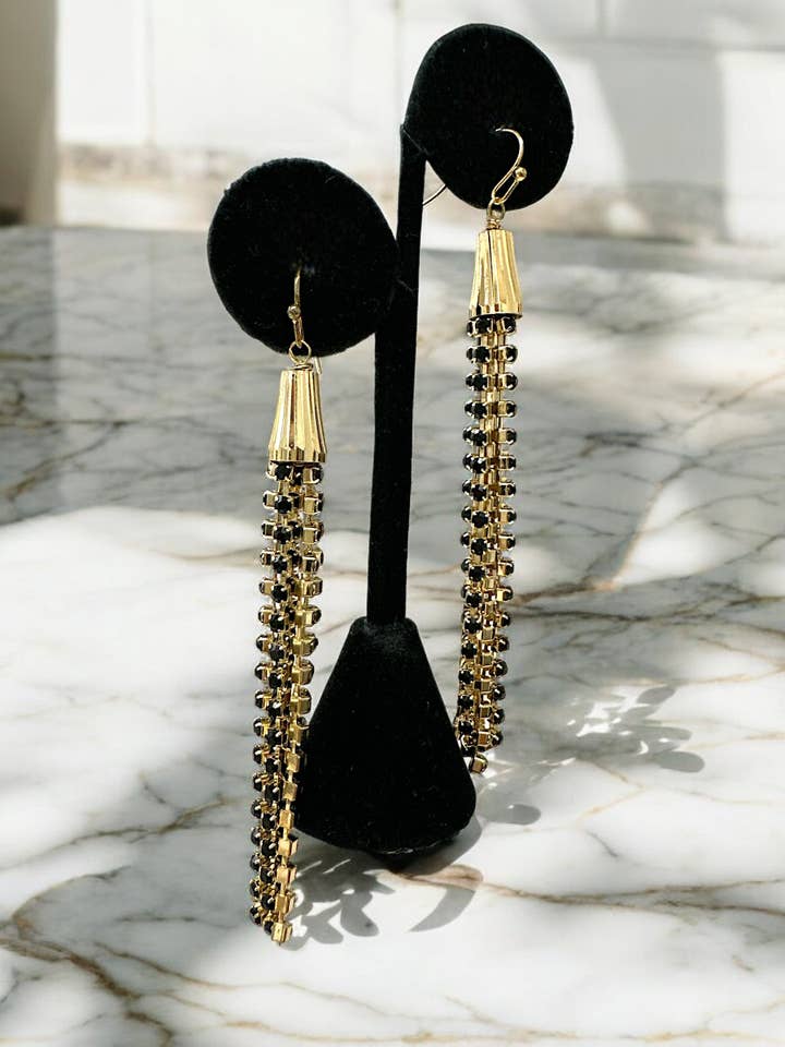 BLACK AND GOLD METAL TASSEL DANGLE EARRING for wholesale by Andrea Bijoux