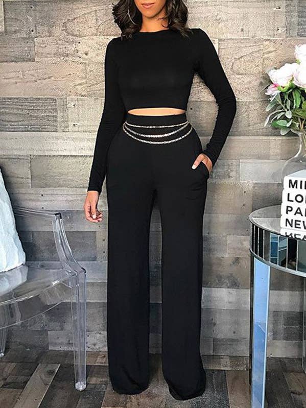 Black & White Long-Sleeve Tee + Pants Casual Two-Piece Set for wholesale on Faire4