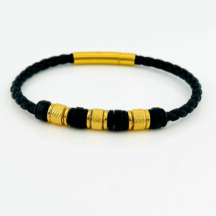 Men’s Black Leather Bracelet with Gold-Tone Stainless Steel for wholesale by Sedy Jewelry