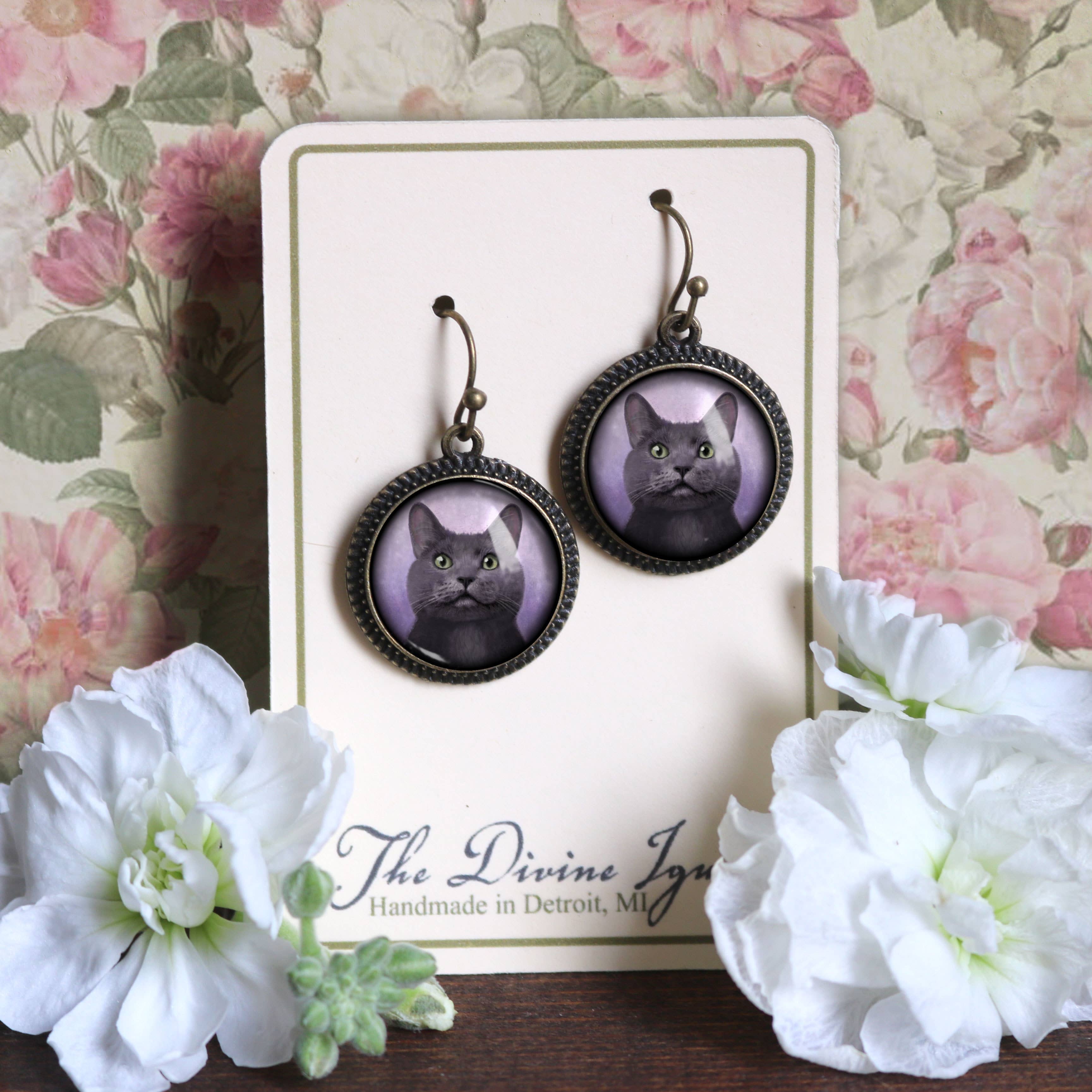The Divine Iguana - Wholesale Dangle Earrings - Best Friends Russian Blue Glass Cabochon Gray Cat Earrings1