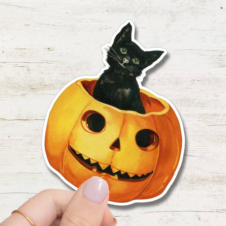 Halloween Black Cat Pumpkin Sticker for wholesale by littlevintagetale