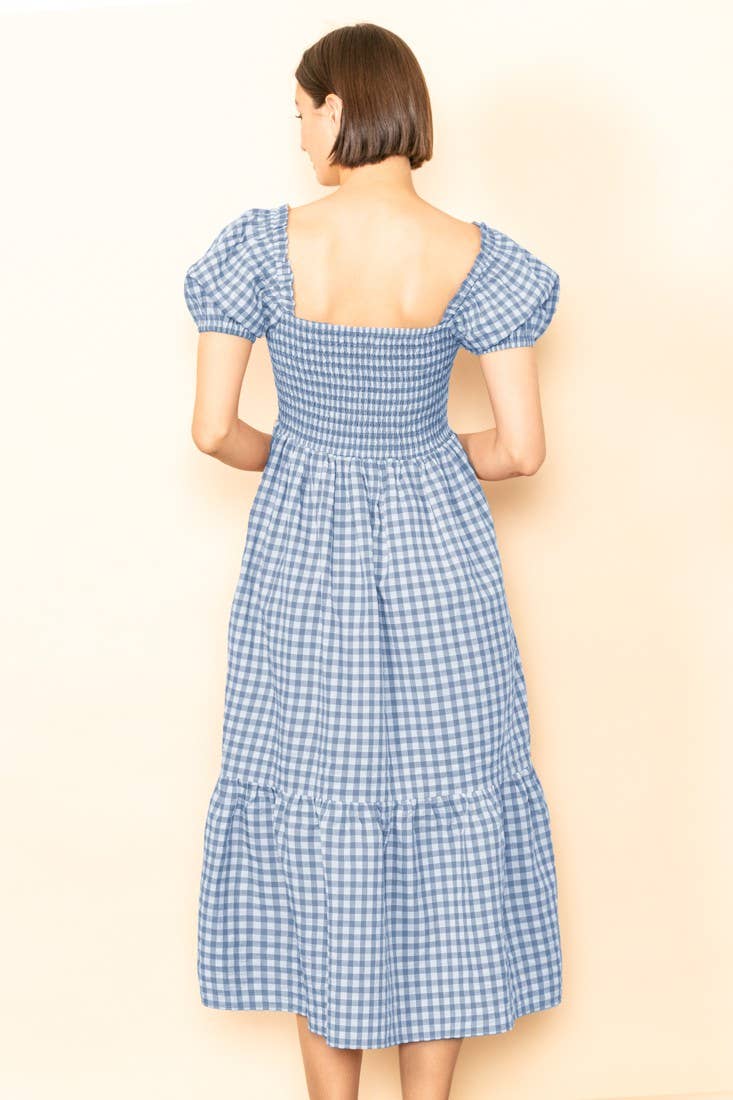 Elloh Collection - Wholesale Dress - Women's - Gingham Puff Sleeves Smocked Chest Midi Dress with Pockets15