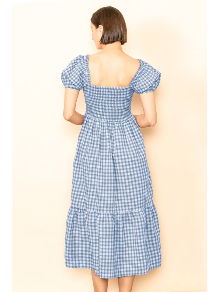 Elloh Collection - Wholesale Dress - Women's - Gingham Puff Sleeves Smocked Chest Midi Dress with Pockets15