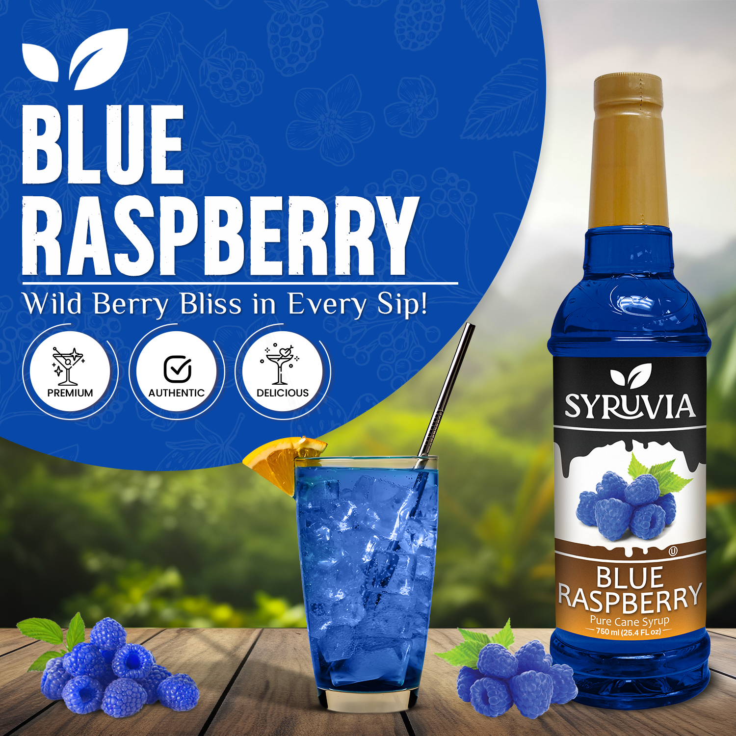 Syruvia - Vente Mélange/sirop pour cocktails - Sirop de framboise bleue1