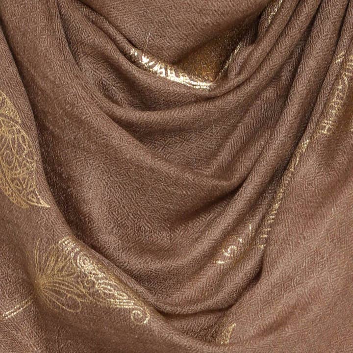 Handmade Cashmere Pashmina Foil Printed Stole Scarf Shawl Wrap in Brown for wholesale on Faire3