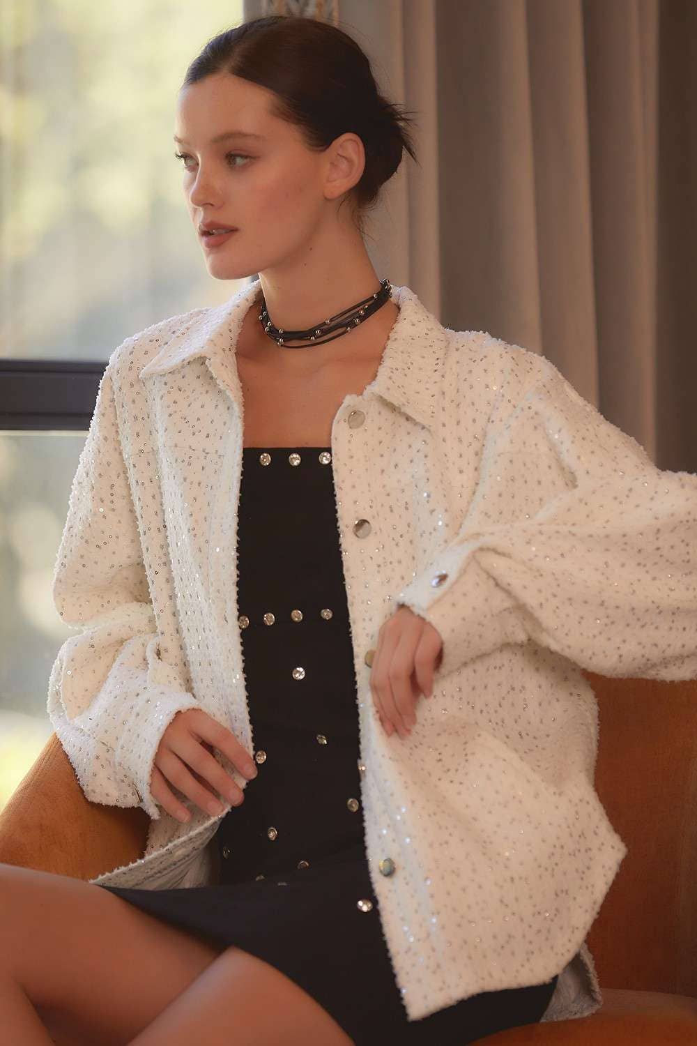 WHITE Sequin Glitter Oversize Denim Shacket for wholesale on Faire6