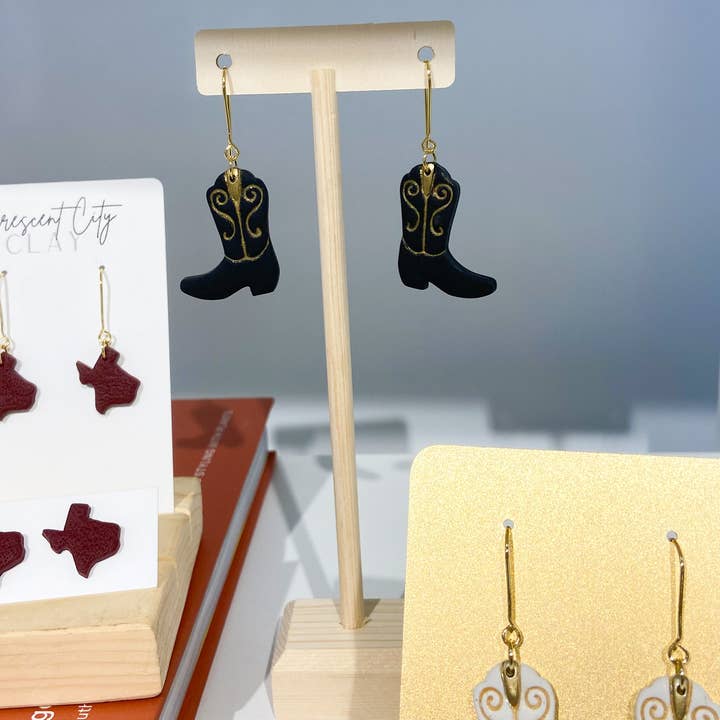 Rodeo Cowboy Boot Earrings in Black for wholesale by Crescent City Clay