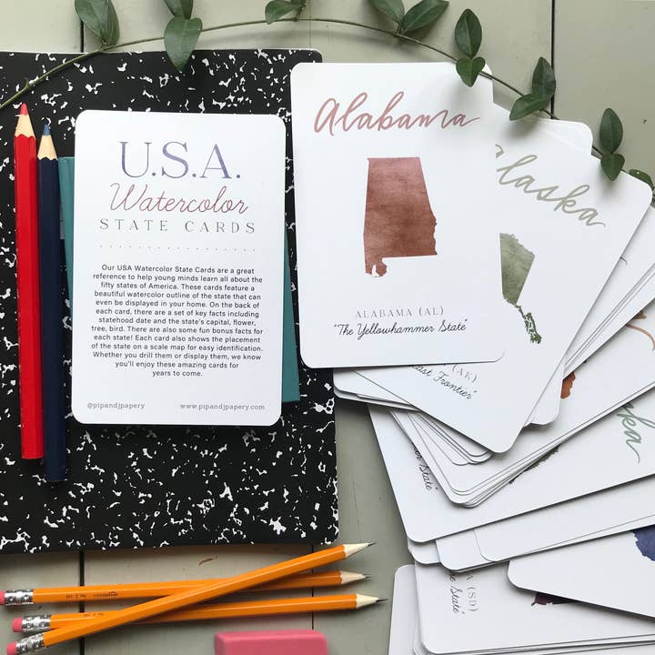 USA Watercolor State Cards for wholesale by Pip & J Papery