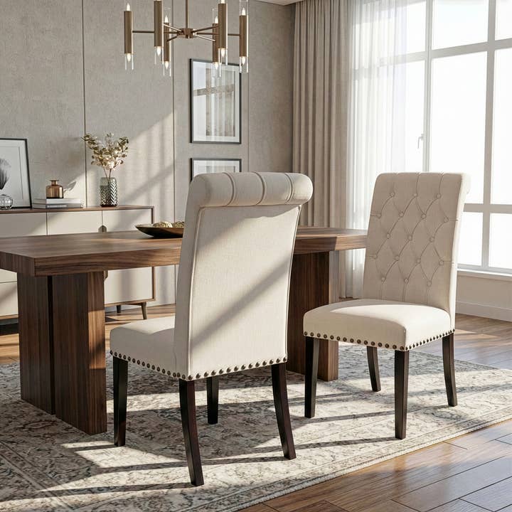 Glamour Home - Vente Chaises - Ensemble de chaises de salle à manger en tissu beige Aleki avec boutons capitonnés