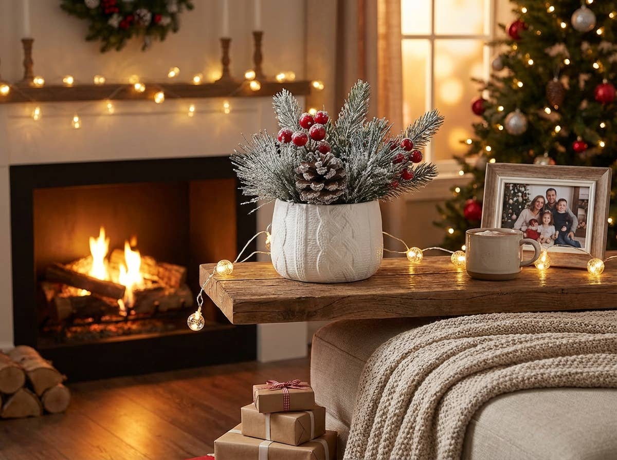 Flora Bunda Inc – wholesale Artificial plant – Frosted Pine & Berry Arrangement in White Knit Ceramic Pot2