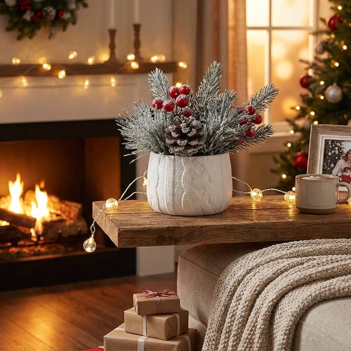 Flora Bunda Inc – wholesale Artificial plant – Frosted Pine & Berry Arrangement in White Knit Ceramic Pot2