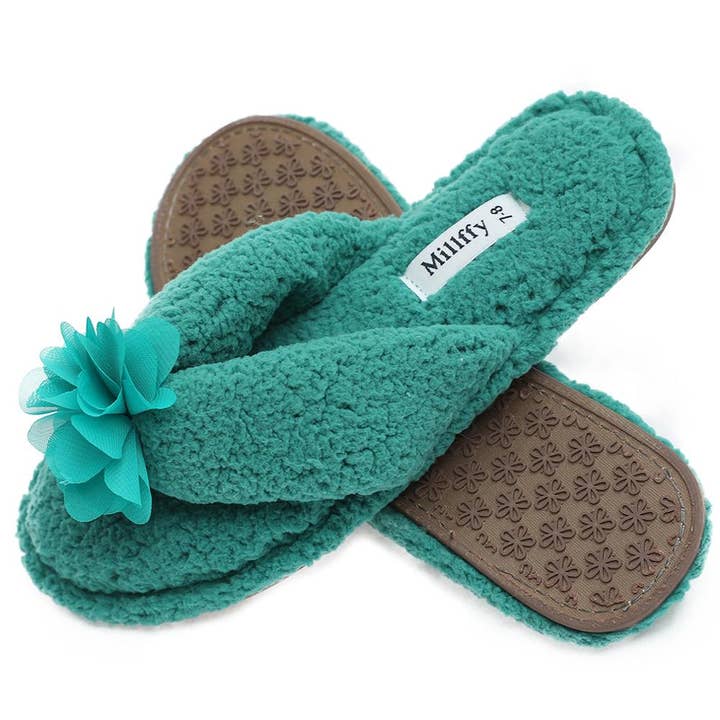 Millffy - Wholesale Slippers – Women's - Plush Cozy Faux Shearling Thong Slide On Sherpa Womens Flip-Flops Slippers with Flowers1