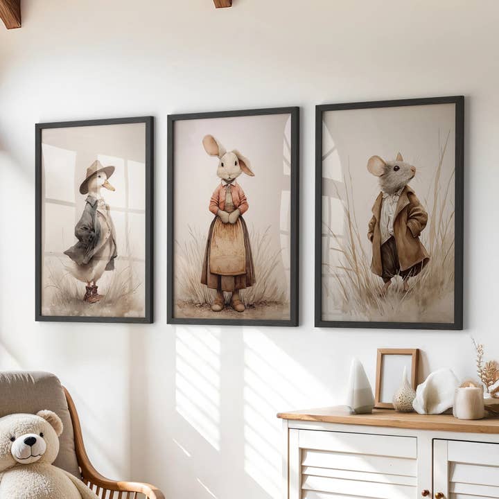 Whimsical Animal Wall Art. Dug & Mouse Set 3 Vintage Prints for wholesale by PrintSets.com