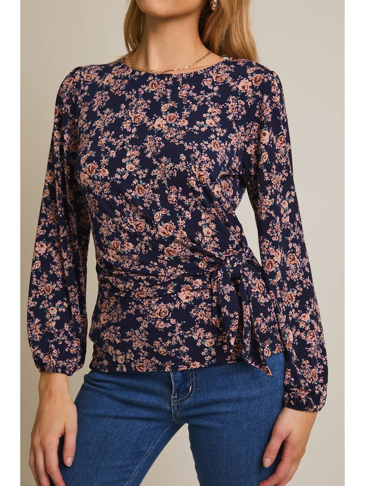 ROUND NECK LONG SLEEVE WAIST TIE DITSY TOP for wholesale on Faire4