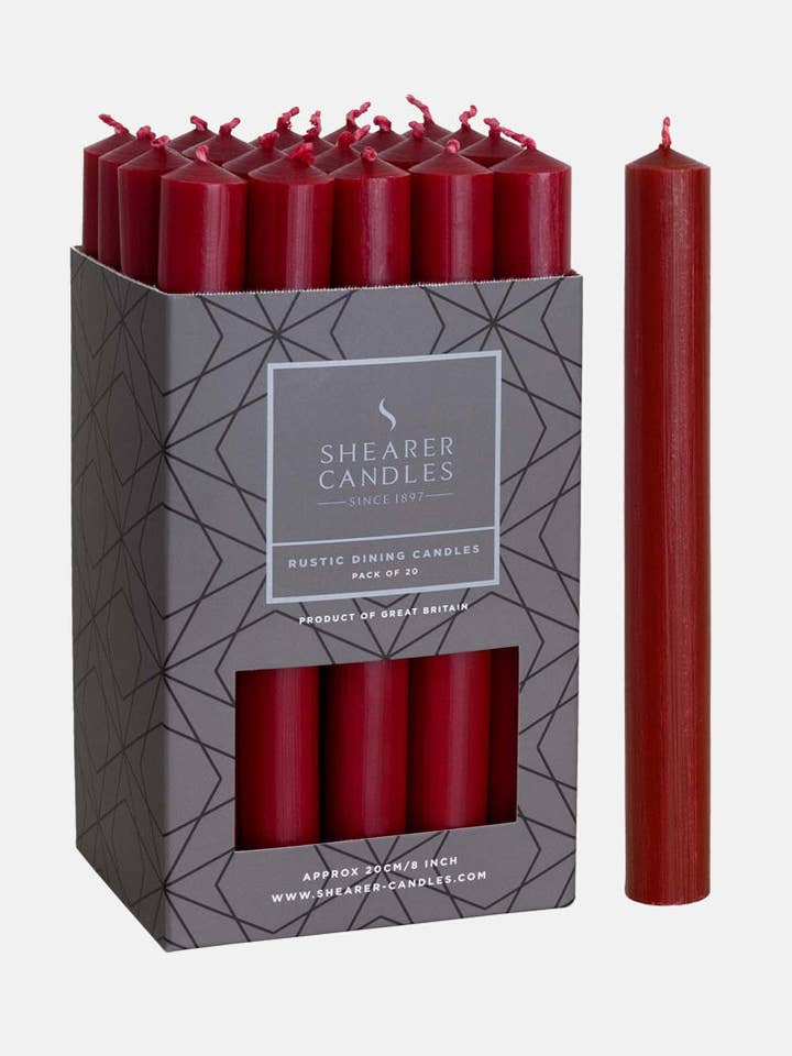Bougies de dîner bordeaux de 8 pouces x 20 pour la vente par Shearer Candles