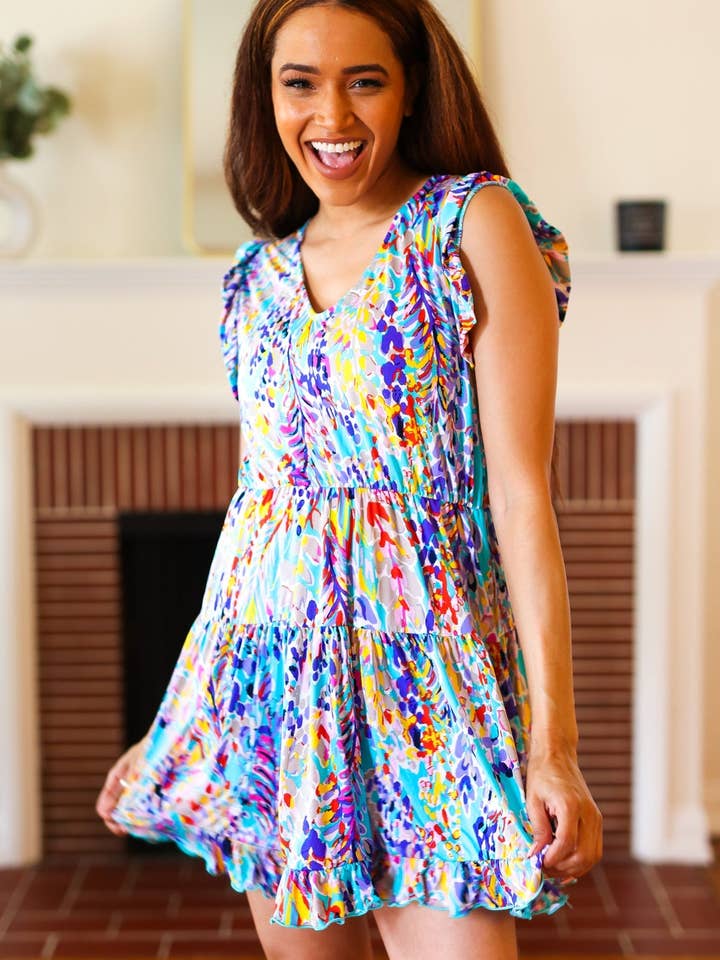Promenade - Wholesale Dress - Women's - Just for Fun Aqua Floral V Neck Ruffle Sleeve & Hem Dress (Open Pack)