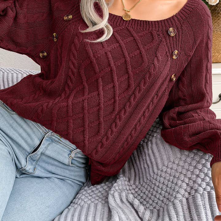 Suhkasana - Wholesale Knitted jumper – Women′s - Fall Winter Casual Square Neck Button Detail Cable Knit Swea39