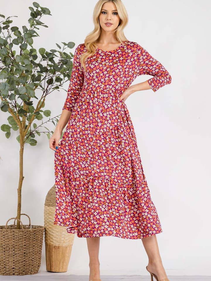 MAGENTA FLORAL TIERED MIDI-DRESS MISSY & PLUS SIZE -CD43848E for wholesale on Faire