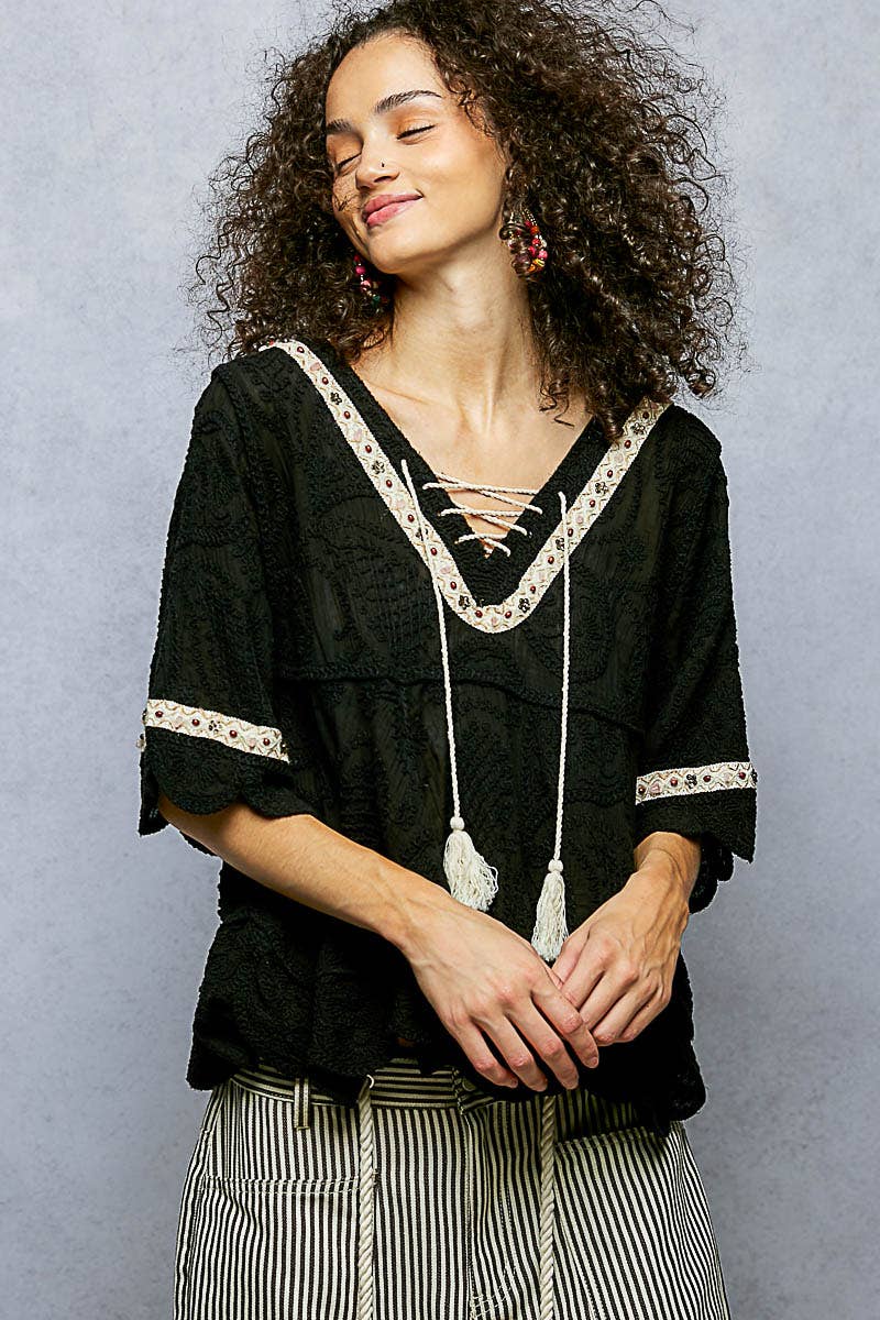 Pol Clothing - Wholesale Blouse - Women's - Short Sleeve Adjustable Drawstring Crochet V Neck Top1