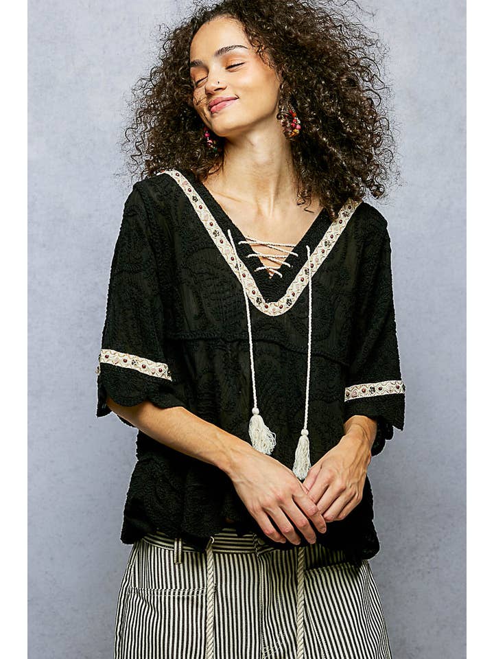 Pol Clothing - Wholesale Blouse - Women's - Short Sleeve Adjustable Drawstring Crochet V Neck Top1