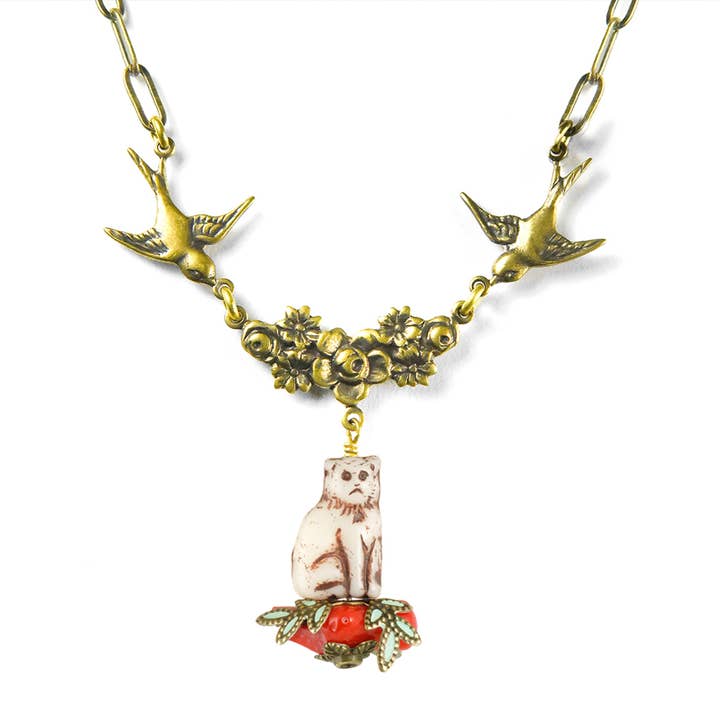 NoMonet - Wholesale Pendant/Charm Necklace - Fairyland: Birds Shooing Cats on Coral or Pearl Necklace