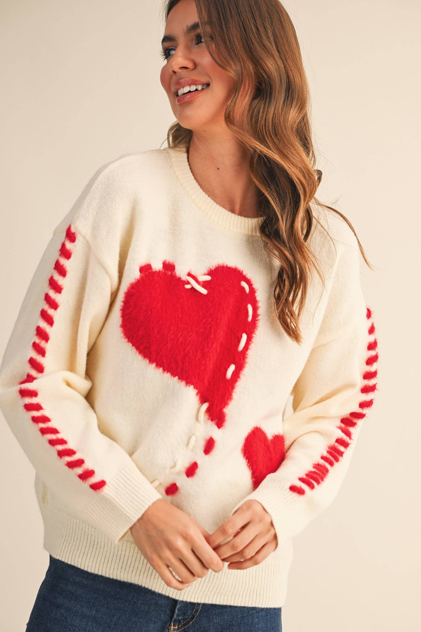 &MERCI - Wholesale Knit Sweater - Women's - FUZZY HEART KNIT SWEATER WITH WHIP STITCH MSW1099012