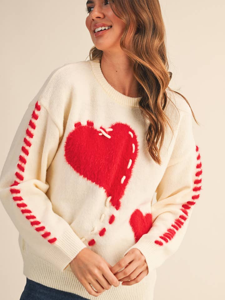 &MERCI - Wholesale Knit Sweater - Women's - FUZZY HEART KNIT SWEATER WITH WHIP STITCH MSW1099012