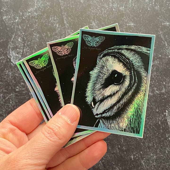 Barn owl holographic sticker for wholesale by Trail Skipper Studio
