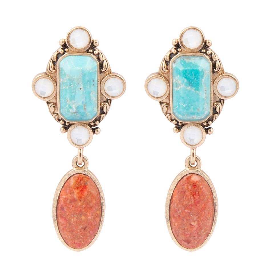 Barse Jewelry – wholesale Dangle earrings – Champs Blue Turquoise and Orange Coral Post Drop Golden Earrings0
