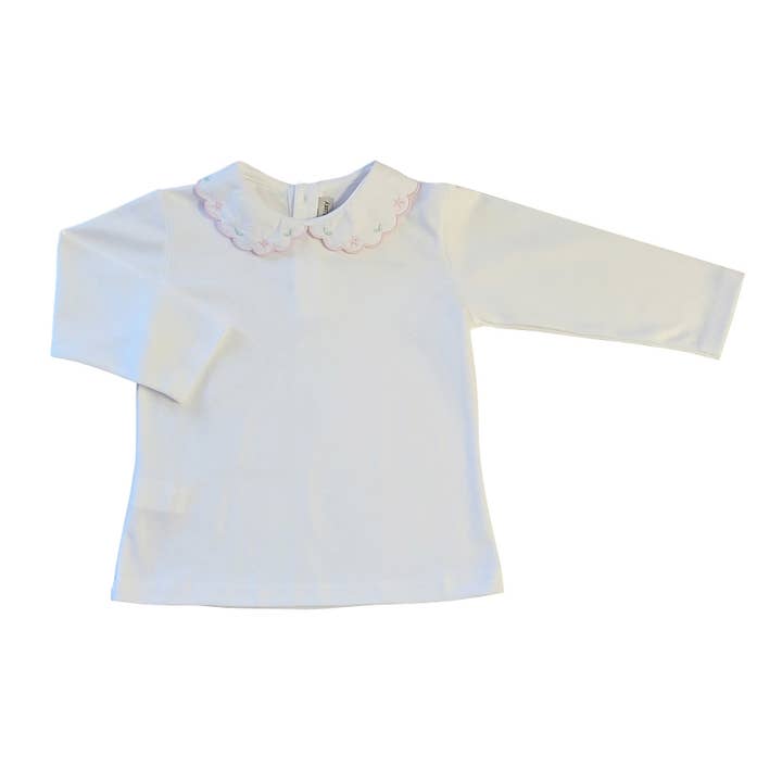 Marco and Lizzy - Vendita all'ingrosso Maglietta - Bambini - Top bianco da bambina in cotone Pima con colletto alla Peter Pan a fiori rosa
