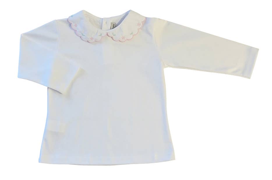 Marco and Lizzy - Vendita all'ingrosso Maglietta - Bambini - Top bianco da bambina in cotone Pima con colletto alla Peter Pan a fiori rosa