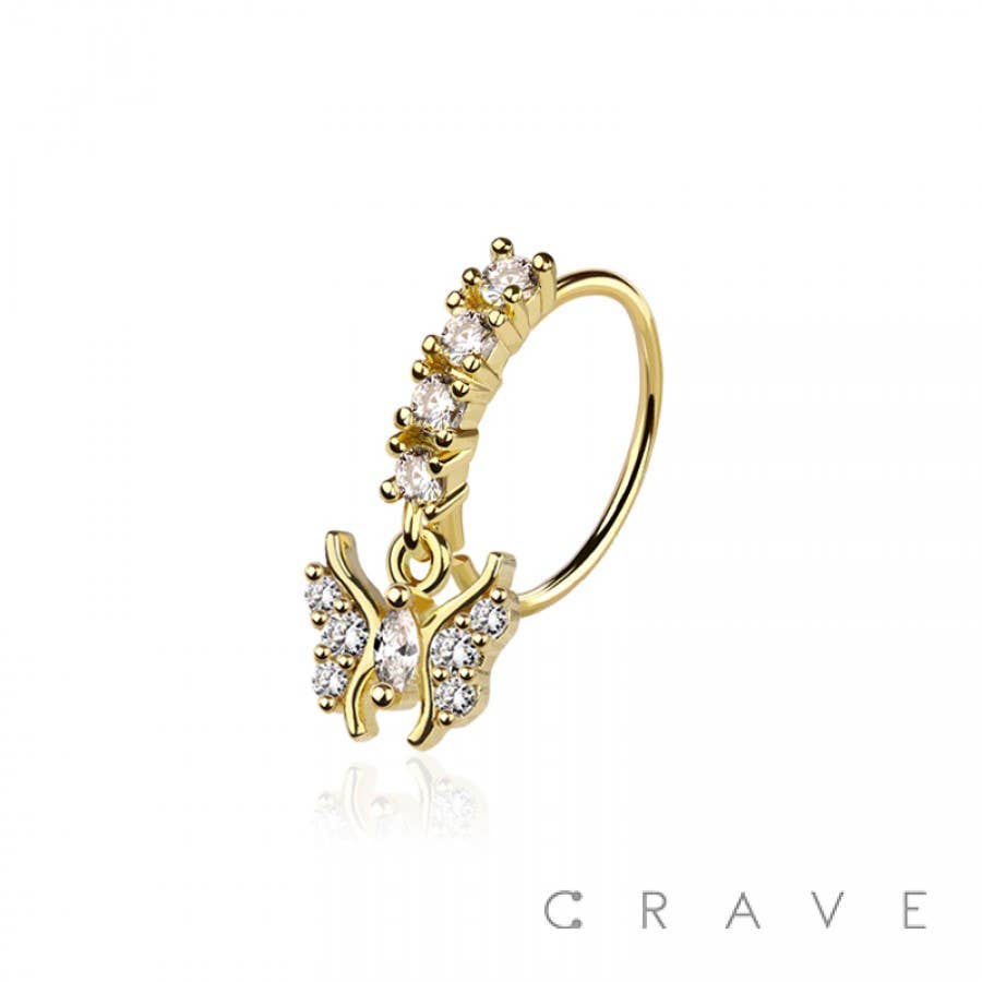 CRAVE - Wholesale Nose Ring - CZ BUTTERFLY PRONG DANGLE ROUND CZ GEM O-RING NOSE HOOP0