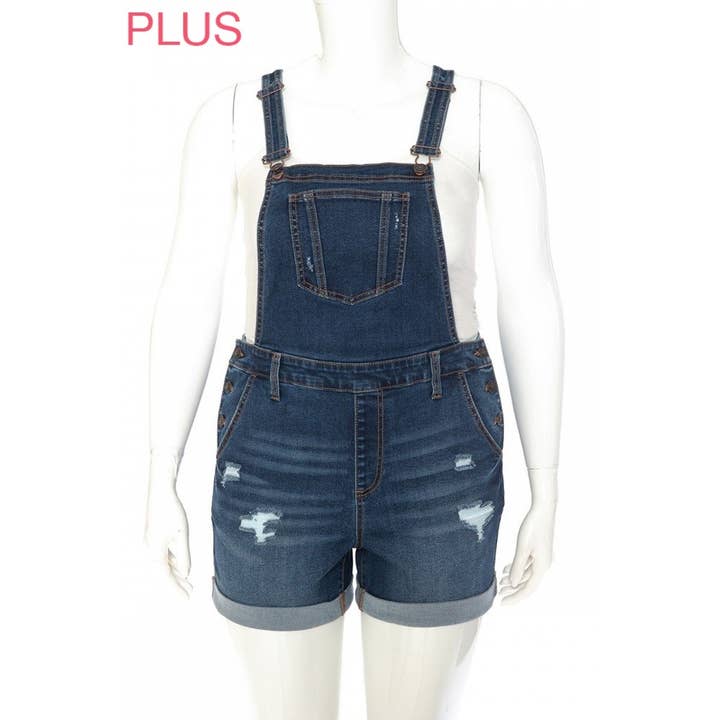 Timeless - Wholesale Overalls - Women's - PLUS DESTROYED ROLLED CUFF DENIM SHORTALLS