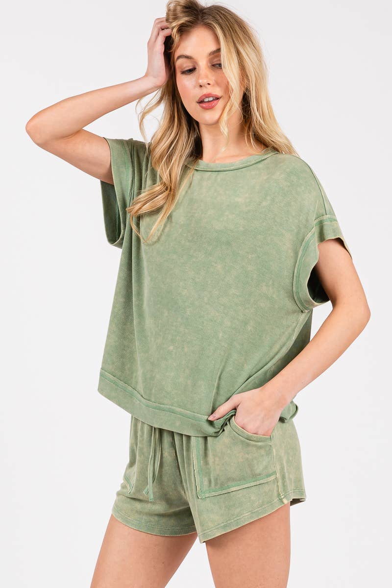 Sewn and Seen - Wholesale Lounge Set - Women's - MINERAL WASHED TOP AND SHORTS RIB SET 30