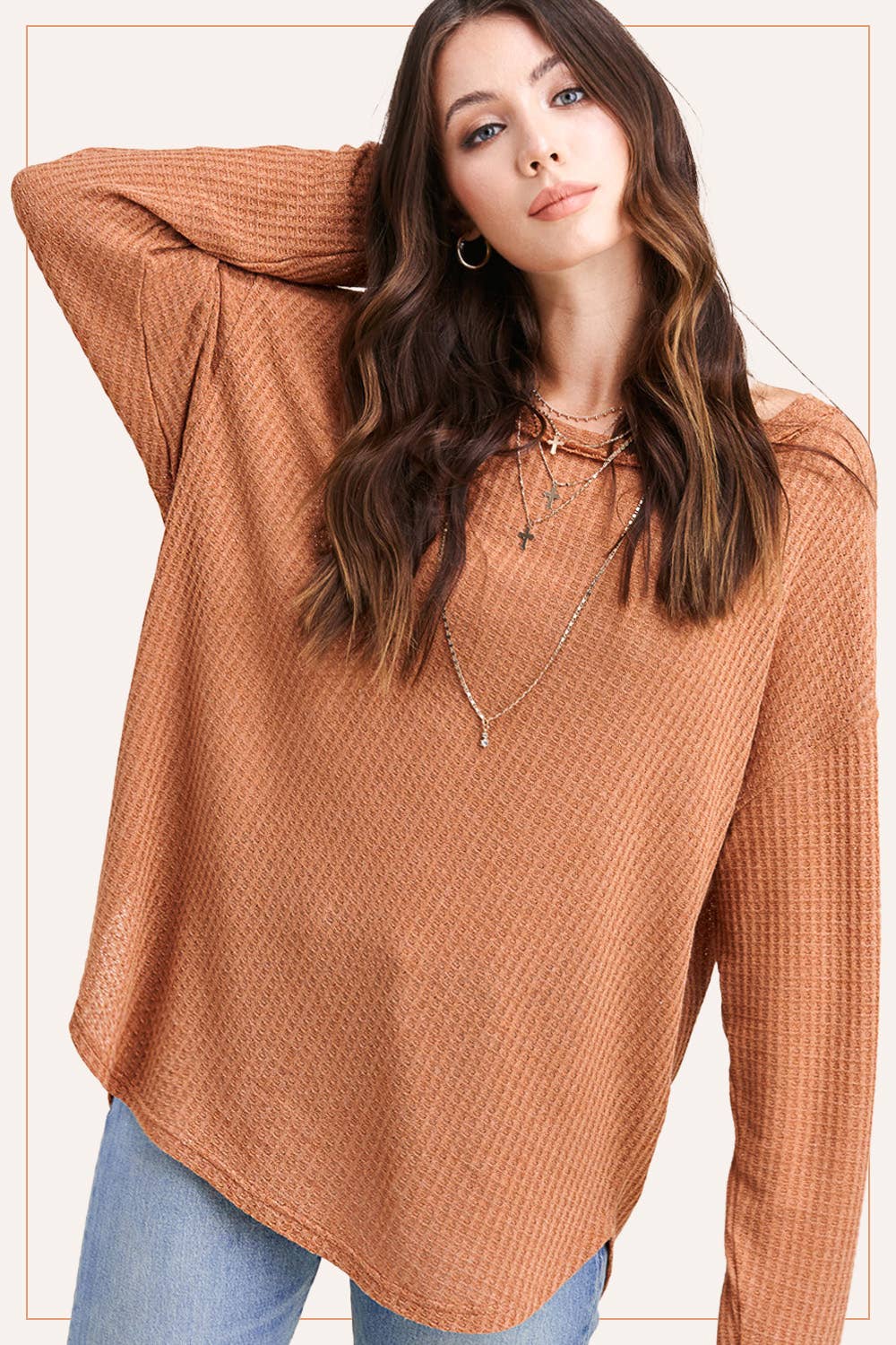 La Miel - Wholesale Tunic - Women's - HAT7566-Brushed Waffle Fabric Loose Fit Long Sleeve Top17