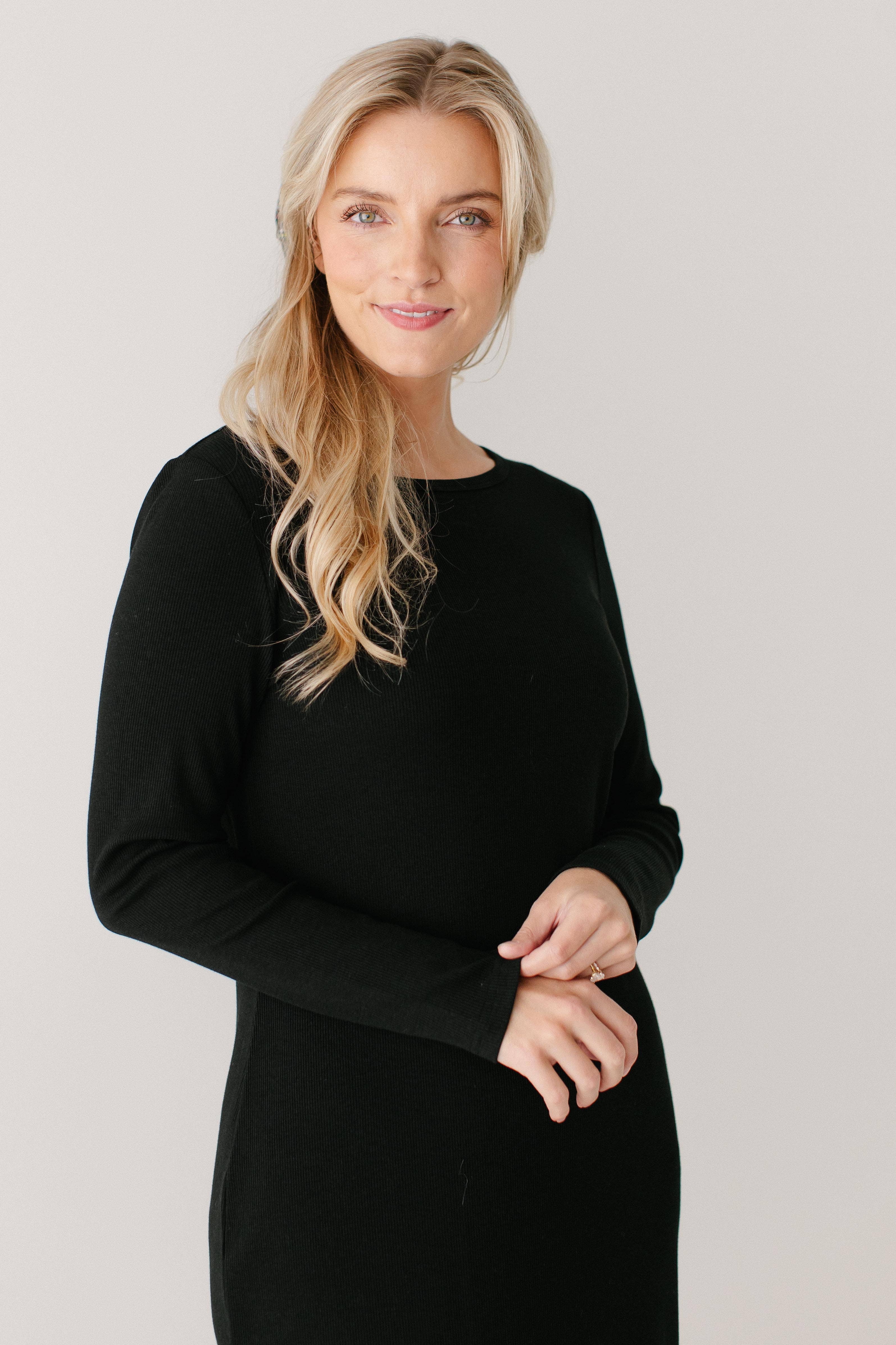 Black 'Constance' Bamboo Blend Ribbed Long Sleeve Midi Dress for wholesale on Faire9