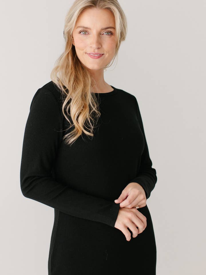 Black 'Constance' Bamboo Blend Ribbed Long Sleeve Midi Dress for wholesale on Faire9