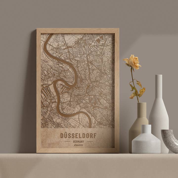 Map Of Dusseldorf, Germany, Woodcut. Laser Map for wholesale by Kustwood